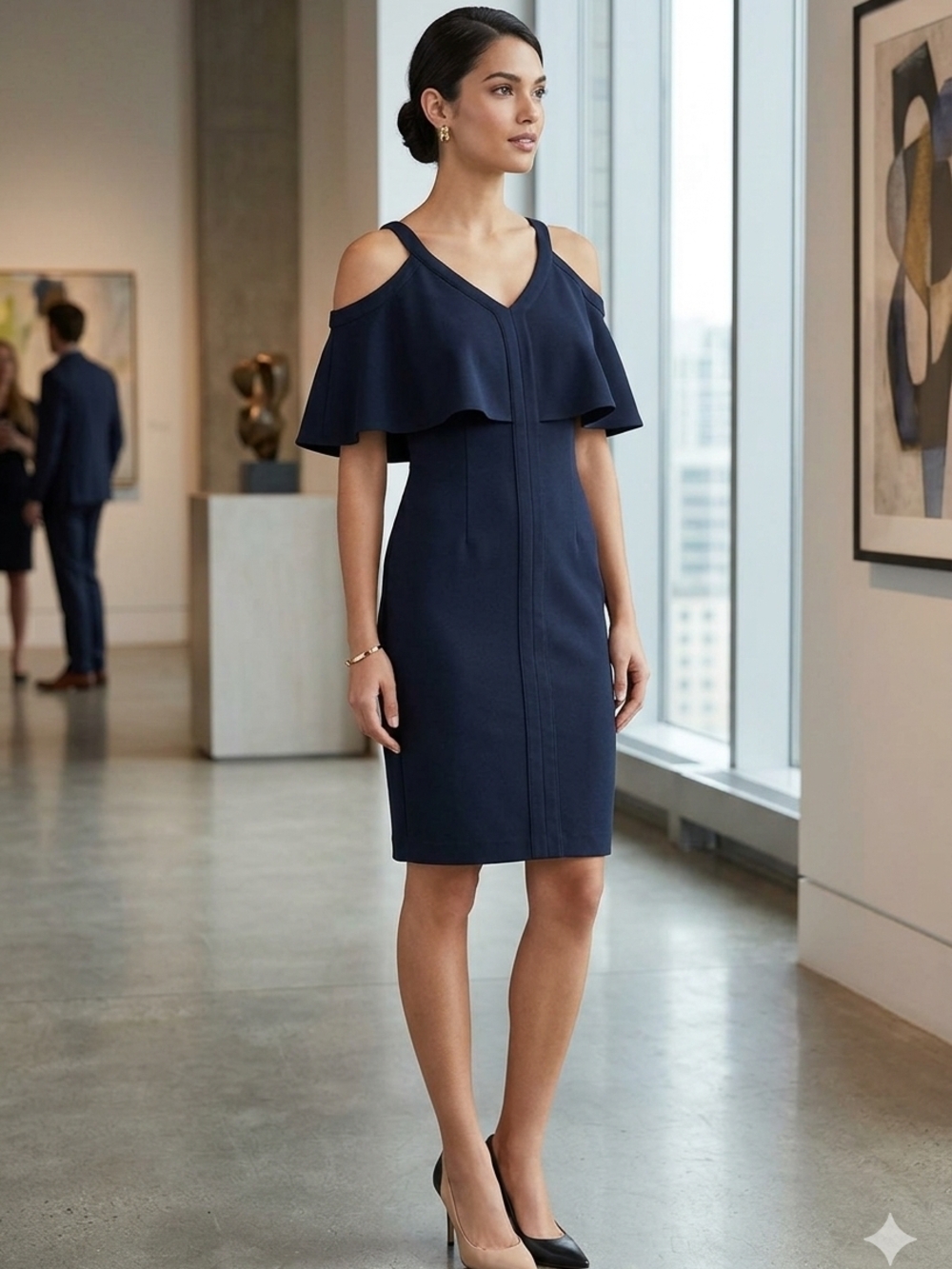 Antonio Melani Navy Blue Cold Shoulder Ruffle Sheath Dress